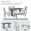 TREXM 6-Piece Retro Rectangular Dining Table Set, Table with Unique Legs and 4 Upholstered Chairs & 1 Bench for Dining Room and Kitchen (Gray Wash)